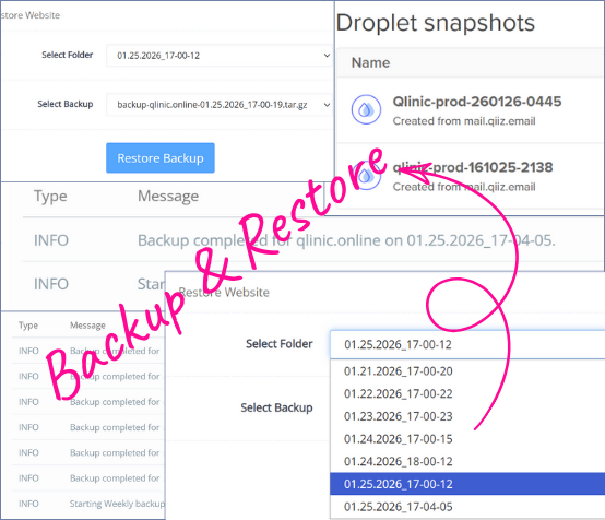 Qlinic.online มีการBackup ข้อมูลทุกวัน แบบอัตโนมัติ มี Backup รายครั้ง ก่อนและหลัง การอัปเดตปรับปรุงระบบใหม่ ระบบคลินิกออนไลน์ โปรแกรมบริหารจัดการคลินิก และเทเลเมดิซีน